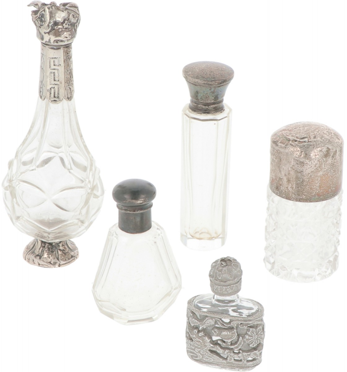 (5) piece lot of perfume bottles silver.
