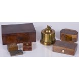 A lot comprised of (4) boxes, a sewing box with haberdashery, and a brass tobacco pot with Sphinx on