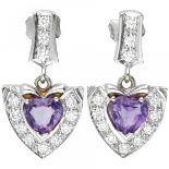 White gold heart-shaped entourage earrings set with approx. 0.72 ct. diamond and natural amethyst -