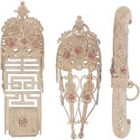 (3) piece lot of Chinese costume decorations in silver.