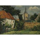Dutch School 20th Century, An enclosed garden with sunflowers by a village church.