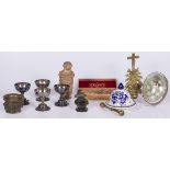 A lot of various items including a bronze mortar and silver-plated glasses.