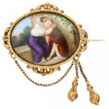 Antique French style yellow gold brooch with painting - 14 ct.