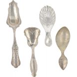 (4) piece lot of sugar scoops & tea thumbs silver.