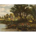 Dutch School, 20th C. Anglers by a farm in a river landscape.