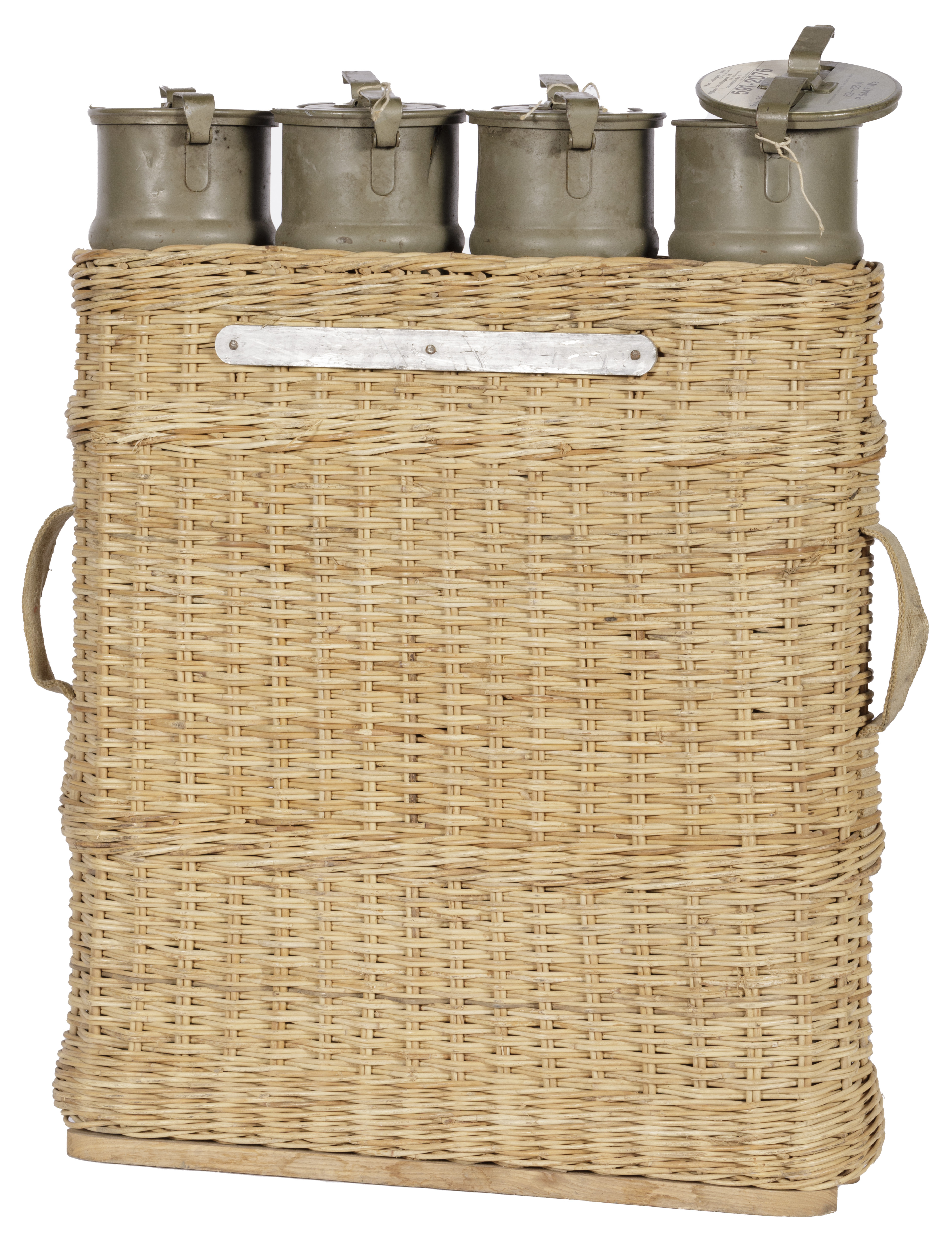 A canework granate basket with (4) metal tubular containers, 2e helft 20th century.