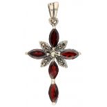 Silver cross-shaped pendant set with garnet and marcasite - 925/1000.