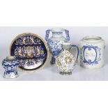A (5) piece lot comprised of various earthenware items, including a majolica dish, jug, cachepot and