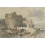 Samuel Leonardus Verveer (The Hague 1813 - 1876), Activities on a stone bridge by a fortified mansio