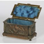 A copper jewelery box with various depictions of poultry, France, circa 1900.