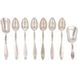 (8) piece set of coffee spoons, sugar scoop & tea thumb silver plated.