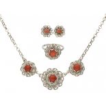 Set of silver Zeeland knot necklace, ring and earrings with red coral - 835/1000.