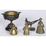 A lot of various copper items a.w. (3) table bells in the shape of female figures, a bronze rooster
