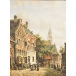 Follower of Cornelis Springer, 20th. C. A busy street in a Dutch city.