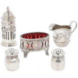 (5) piece lot of sprinkler, shakers, salt cellar and cream jug silver.