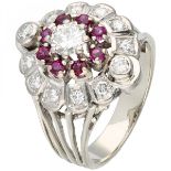 White gold Art Deco rosette ring set with approx. 0.66 ct. diamond and approx. 0.32 ct. natural ruby