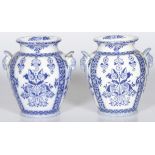 A set of (2) baluster vases, with transfer decor and rams' heads, Holland ca. 1900.