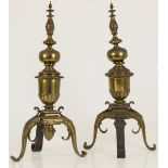 A set of (2) large brass fire dog-/ andiron finials/ chenets, France, 19th century.