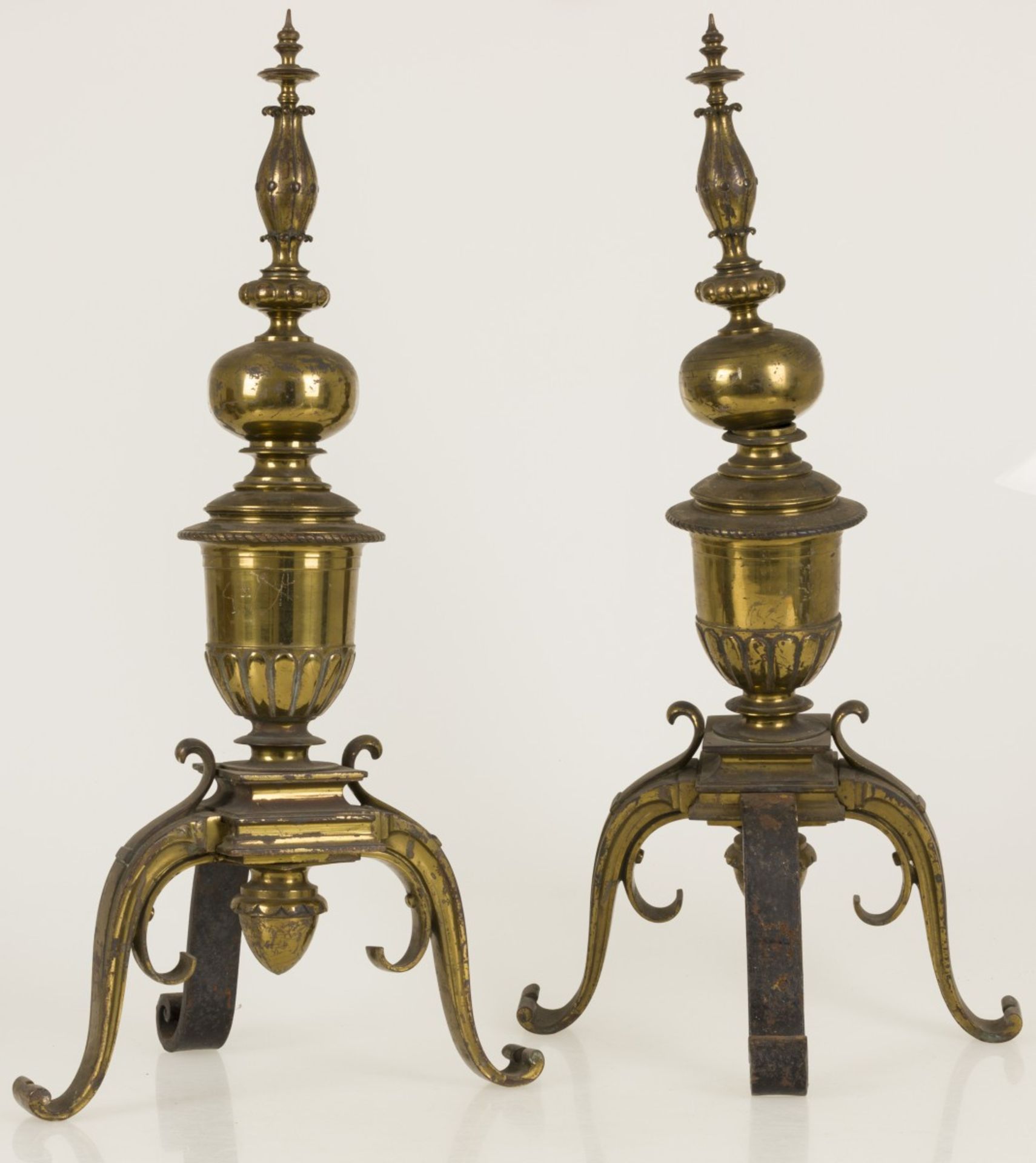 A set of (2) large brass fire dog-/ andiron finials/ chenets, France, 19th century.