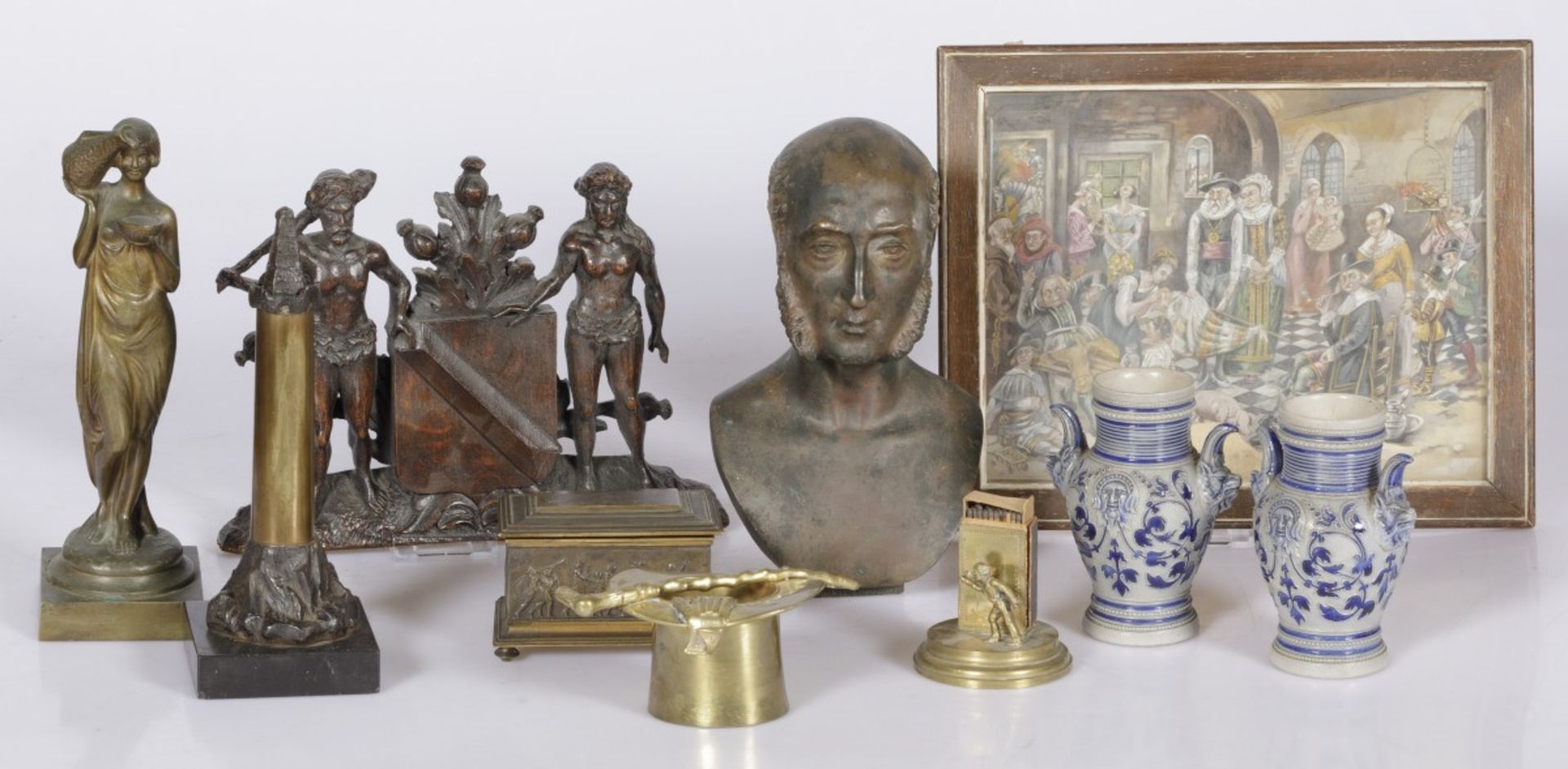 A lot of various items including bronze sculptures and two Cologne vases.