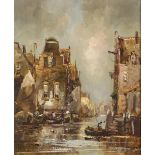 W. Brouwer, 20th. C. A canal in a Dutch city.