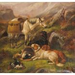 English School, ca. 1900, A hunting scene with dogs and their spoils in a landscape.