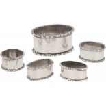 (5) piece lot of napkin rings & finger cloth rings silver.