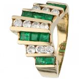 Yellow gold modern ring set with approx. 0.58 ct. diamond and approx. 1.10 ct. natural emerald - BLA