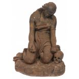A cast iron sculpture of a mourning Maria Magdalen with human skull, 19th century.