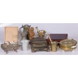 A lot of various items including a pewter jug and bronze mortars. 19th/20th century.