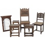 A lot with various oak furniture pieces a.w. two chairs and a mirror, ca. 1900 and later.