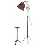 A lot comprised of (2) wrought iron objects, a lamp base and pricket candle stick, 20th century.
