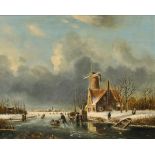 Dutch School, 20th C., A winter landscape with skaters on the ice.