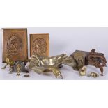 A lot comprising various carvings and copperware a.w. a cast bronze statuette of a dog and a fox's h