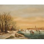 Dutch School, 20th C. Winter landscape with skaters on the ice.