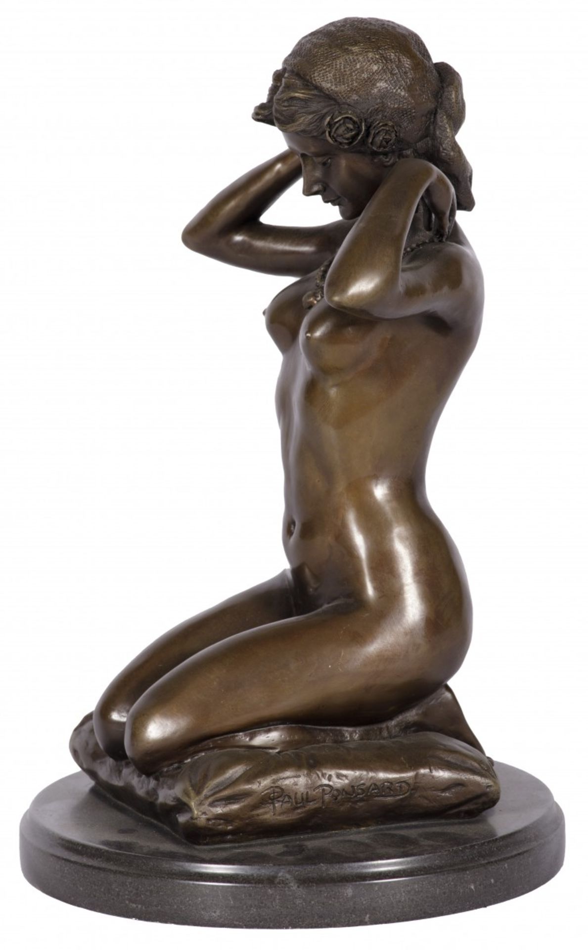 A bronze sculpture of a crouching gypsy on a pillow, France(?), 20th century. - Image 2 of 2