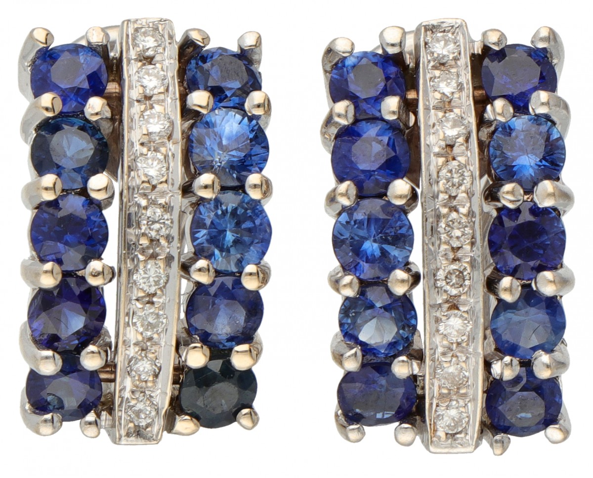 Classic white gold earrings set with approx. 0.09 ct. diamond and approx. 2.40 ct. natural sapphire 