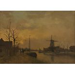 Signed "C. Snijders", A tow barge on a towpath, a windmill across the river.