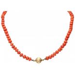 Antique red coral necklace with a 14K. yellow gold ball closure.