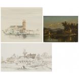 A lot comprising (3) watercolours by Janus Kluijtmans and one Dutch 19th C. oil on canvas.