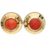 Yellow gold ear studs set with red coral - 14 ct.