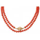 One-row red coral necklace with an engraved yellow gold closure - 14 ct.