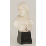 A white marble bust of an Italian girl on a black marble pedestal.