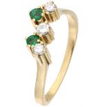 Yellow gold ring set with approx. 0.15 ct. diamond and approx. 0.04 natural emerald - 18 ct.