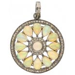 Silver Art Deco style pendant set with approx. 0.85 ct. diamond and approx. 6.60 ct. precious opal -