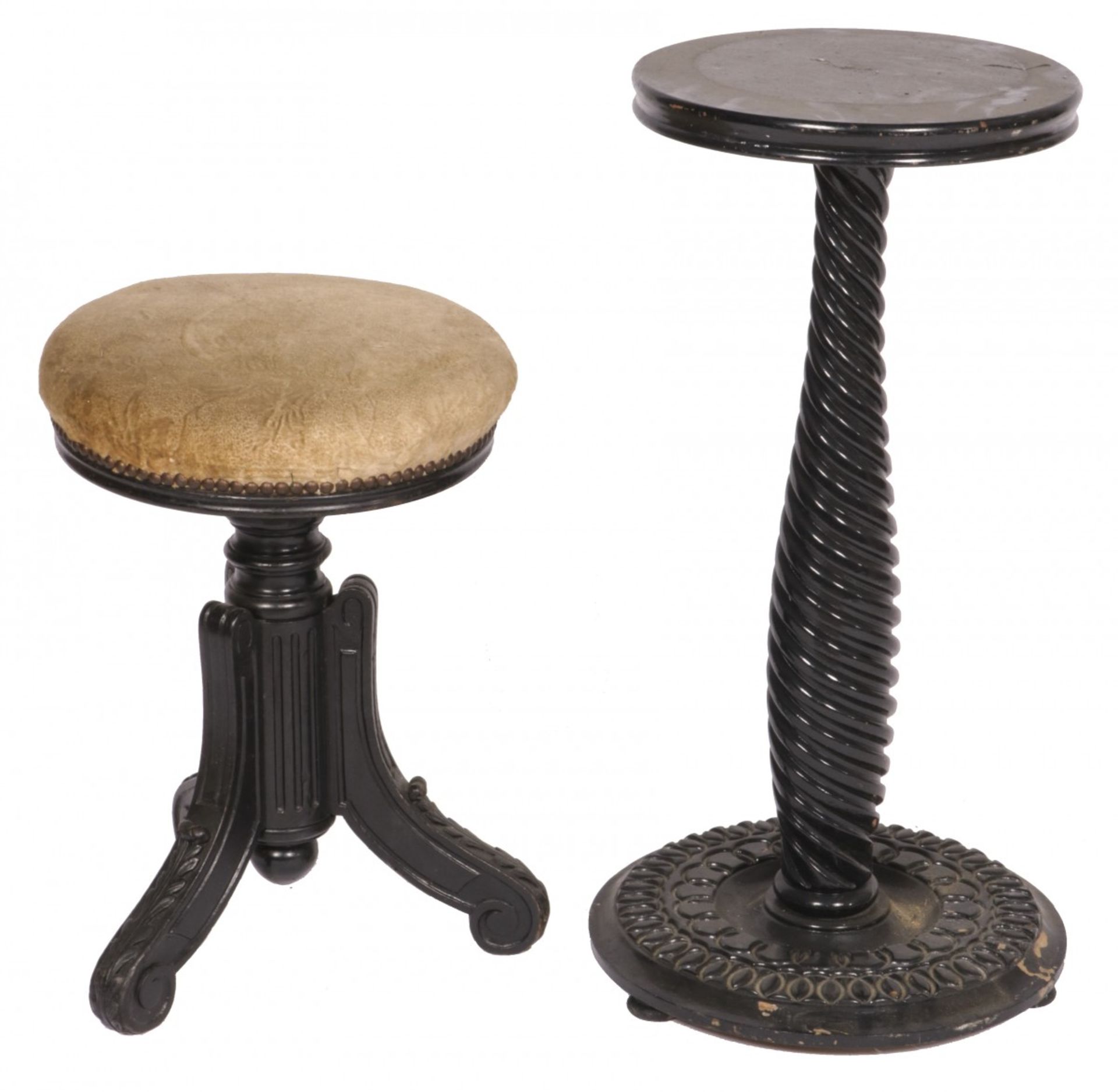 A lot miscellaneous comprising a piano stool and a pedestal, mid. 19th century.