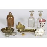 A lot comprised of various items, a.w. (2) glass caraffes with gold painted details, a earthenware j