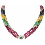 Three-row necklace with a BLA silver closure, a.o. set with natural sapphire and ruby.