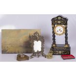 A lot of various items including a column clock and a painting on panel.