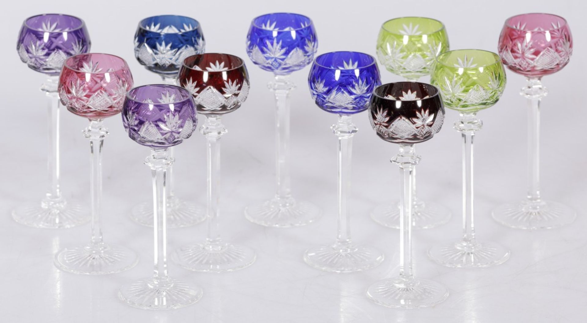 A lot of (9) Bohemian crystal glasses, 20th century.